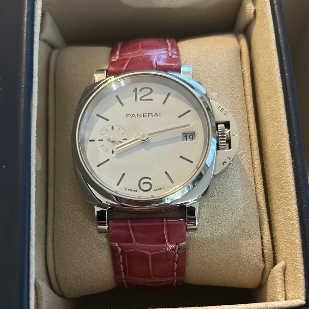 Panerai Luminor Due watch w/bold pink genuine alligator straps & add’tl straps